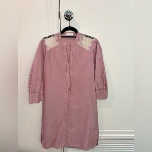 Sandro Red and White Striped Shirtdress with Lace Accents